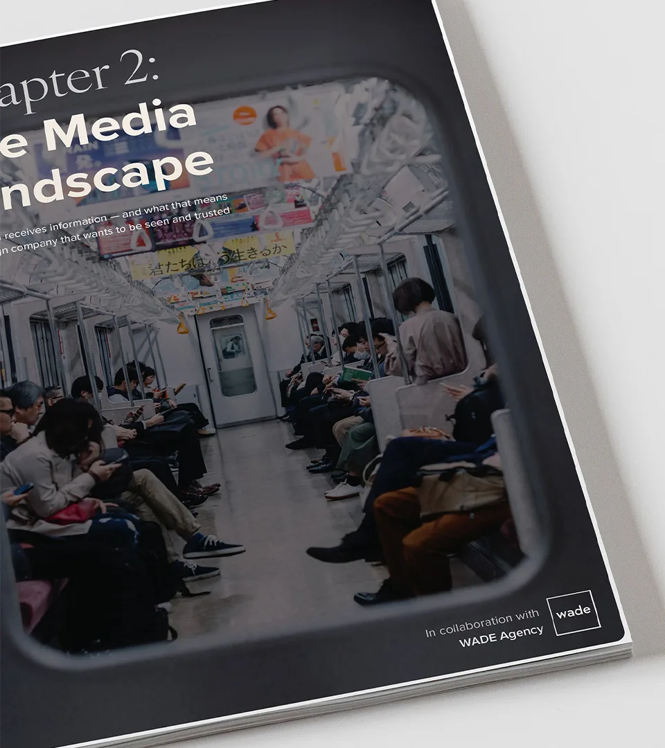 The printed cover of chapter two, The Media Landscape, made in collaboration with Wade Agency