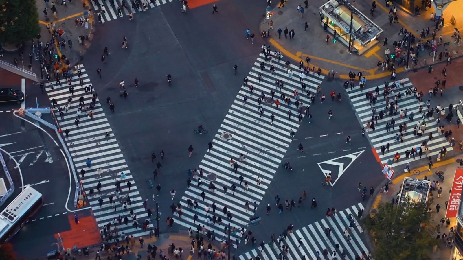 The Shibuya crossing in Tokyo from above, full of people